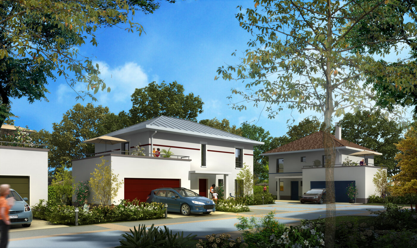 Les Jardins de l’Impératrice : deux maisons individuelles, enduit blanc et portes de garage rouges, toiture à quatre pans et terrasse en toiture.