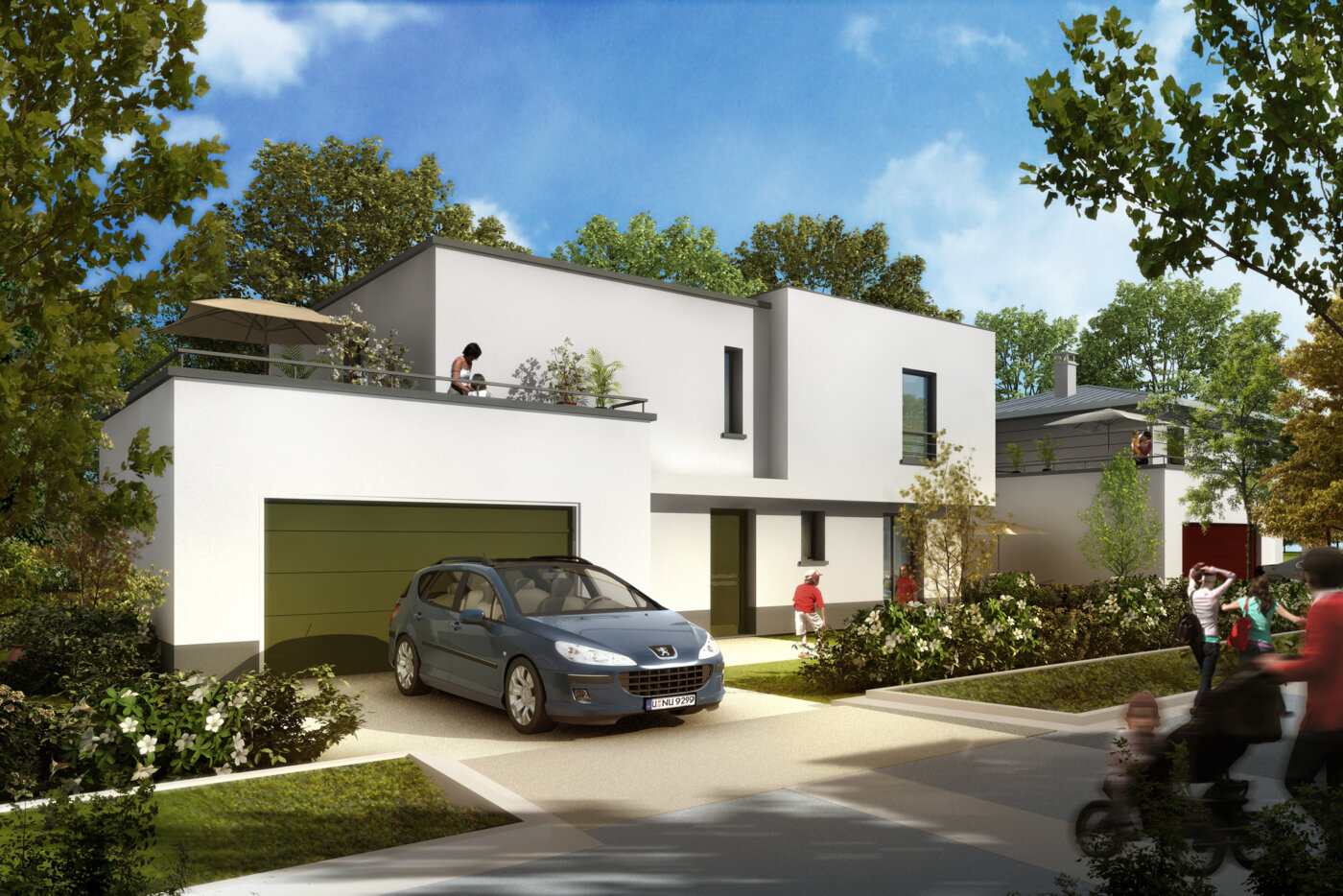 Les Jardins de l’Impératrice : une maison individuelle à toit plat, terrasse en toiture au-dessus du garage, voiture dans l’allée.