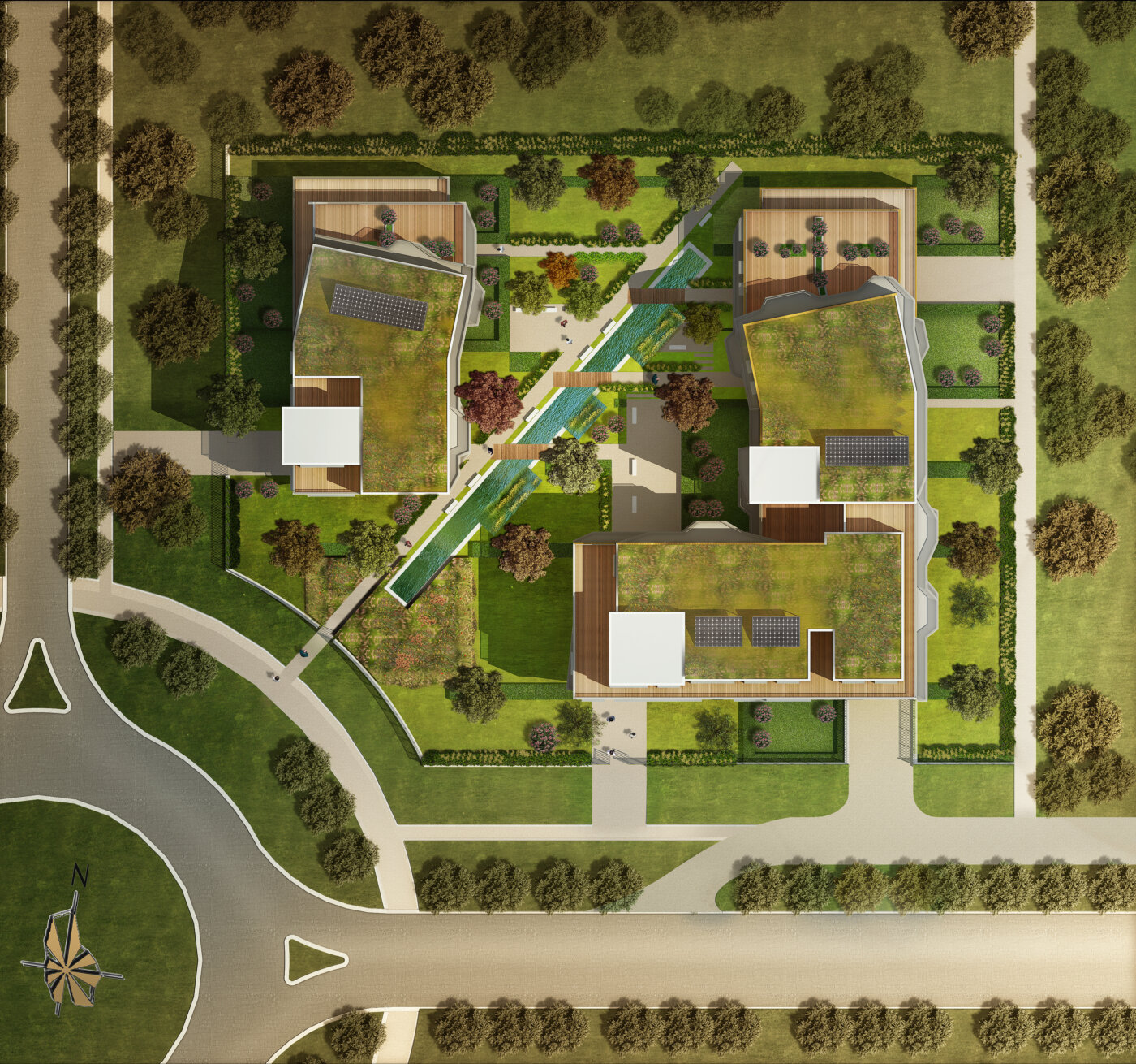 Plan masse en couleur de la résidence Eugénie : quatre bâtiments autour d’une allée plantée en diagonale, toitures végétalisées et panneaux solaires, jardins et voiries.