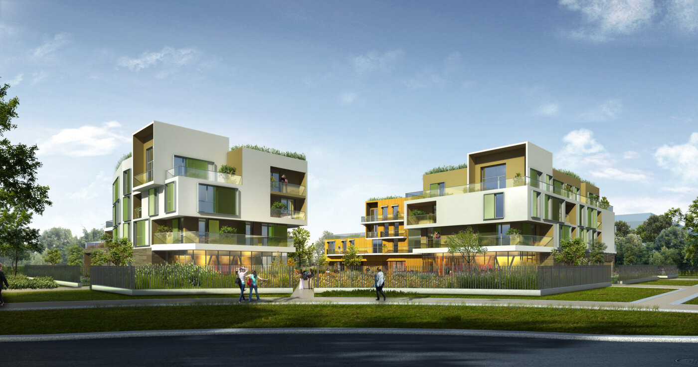 Résidence Eugénie à Bussy-Saint-Georges : deux corps de bâtiment blancs et ocre de trois niveaux, balcons filants et toitures-terrasses plantées, vus depuis la rue.