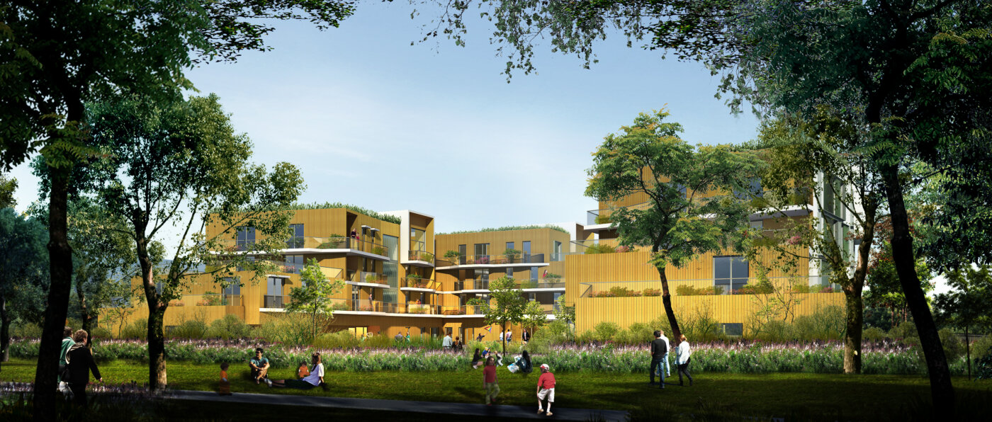 Résidence Eugénie vue depuis le parc : la façade ocre entre les troncs, pelouse et plantations au premier plan.
