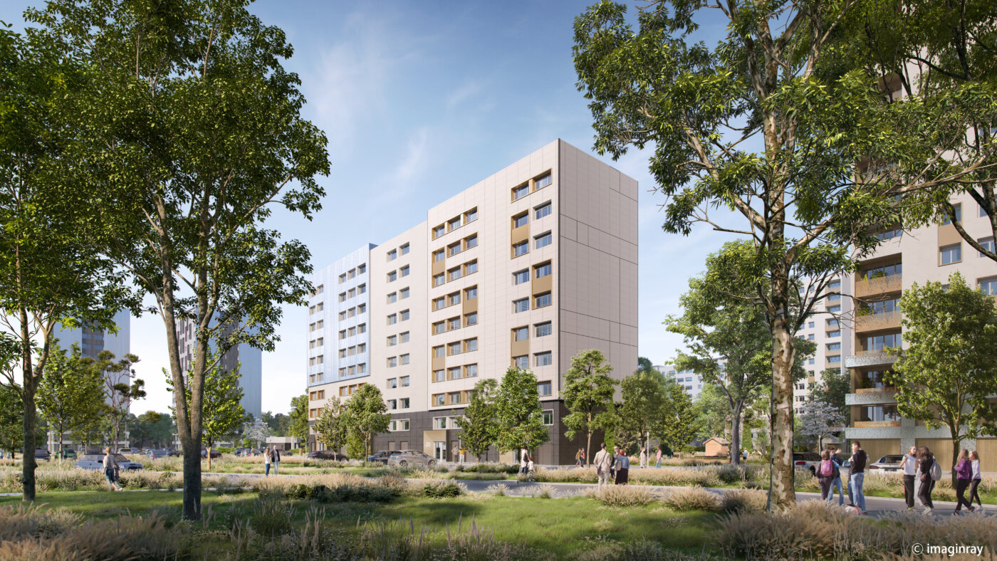 La résidence du Bois de l’Étang à La Verrière après réhabilitation, vue depuis la prairie