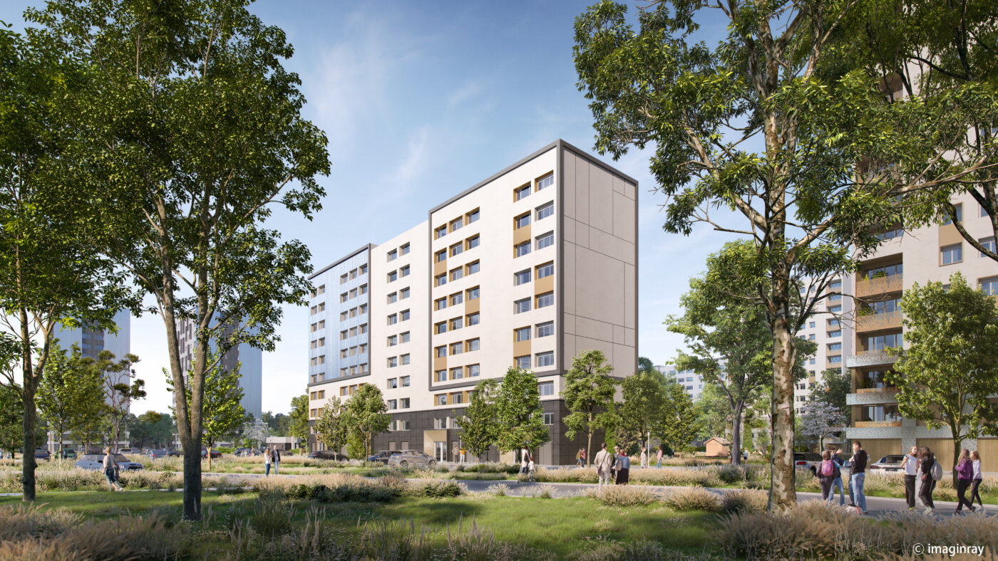 Résidence du Bois de l’Étang à La Verrière après réhabilitation : parti de façade sobre, même point de vue que la variante colorée